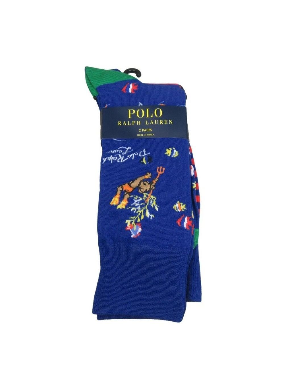 Polo Ralph Lauren Bearwaiian Bear Socks Mens Size 6-13 Denim Blue Red 2-Pack NEW